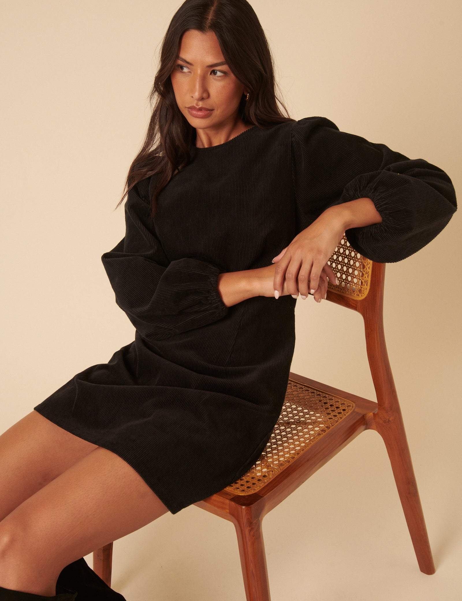 Black Cord Balloon Sleeve Bree Mini Dress Black Cord Balloon Sleeve Bree Mini Dress